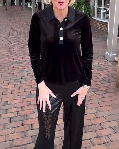 Elegant Solid Color Long-Sleeved Velvet Blouse