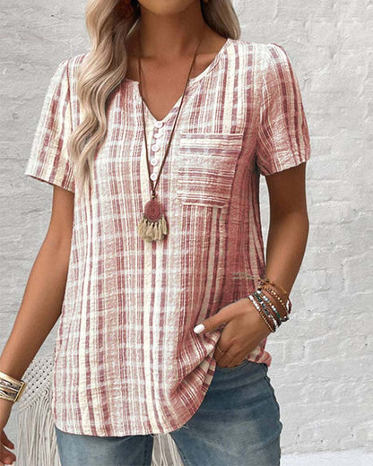 Casual V Neck Striped Plaid T-Shirt