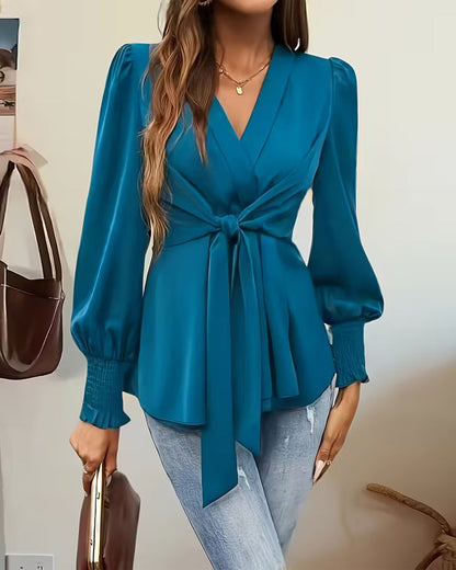 Elegant Cross-Tie Lantern Sleeve Top