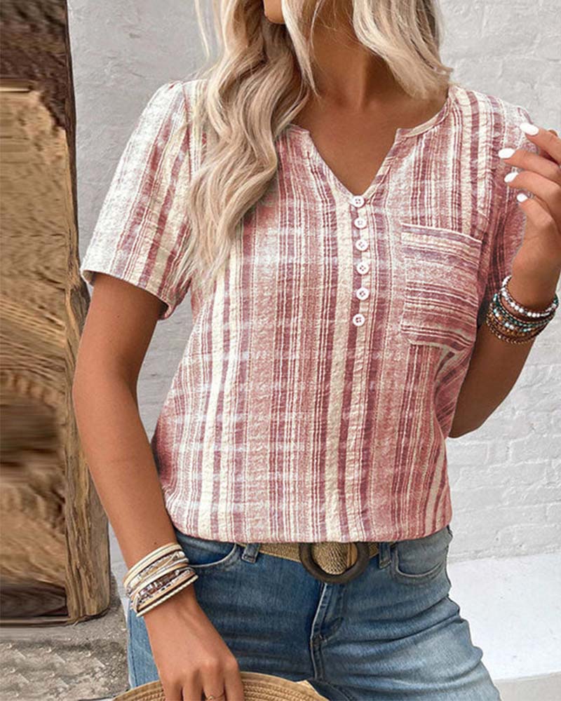 Casual V Neck Striped Plaid T-Shirt
