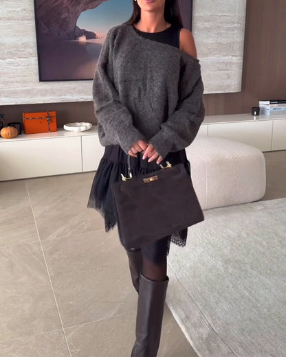 Off-Shoulder Loose Jumper & Lace Hem Dress