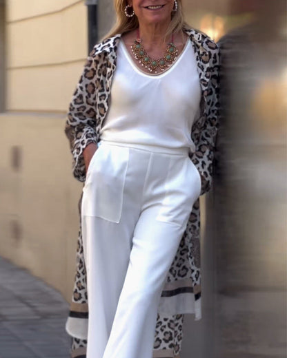 Leopard print lapel casual long coat