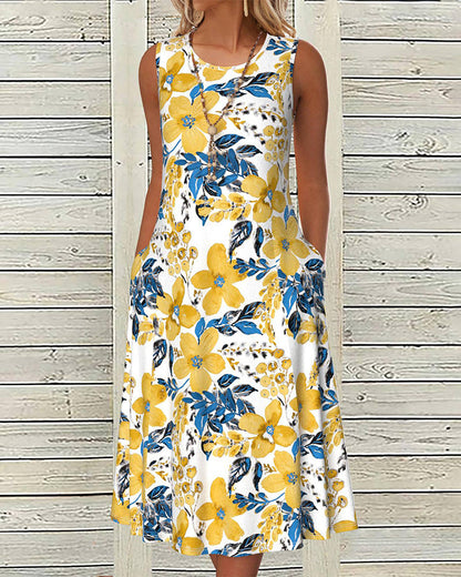Floral print sleeveless pocket dress