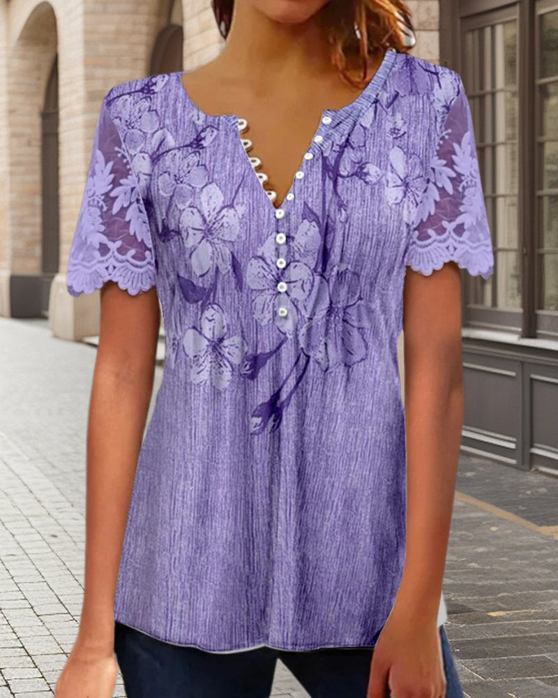 Lace Panel Round Neck Printed Blouse