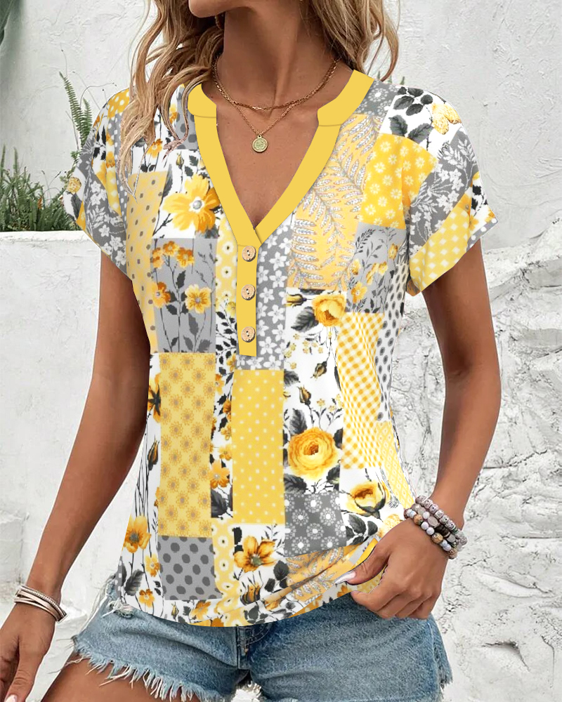 V-Neck Short-Sleeved Floral Print Blouse