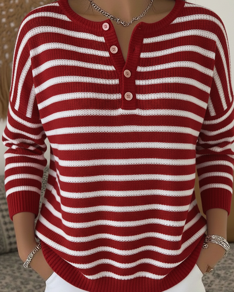 Striped Half-Open Buttoned Pullover