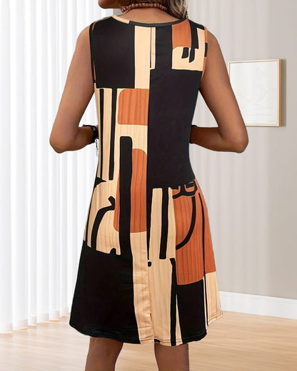 Sleeveless Crew Neck Retro Print Dress
