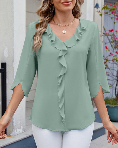 Half-Sleeved Ruffled Solid Color Casual Blouse