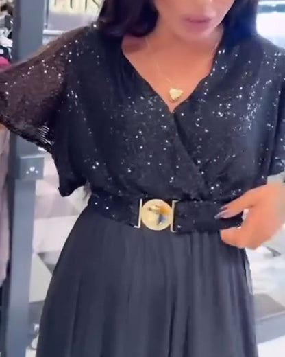 V-Neck Mesh Hem Fashion Dress