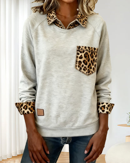 Long-Sleeved Lapel Leopard Print Sweatshirt