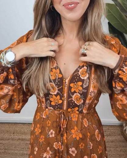 Vintage floral print V-neck lantern sleeve dress