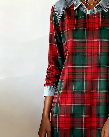 Denim Patchwork Plaid Dress