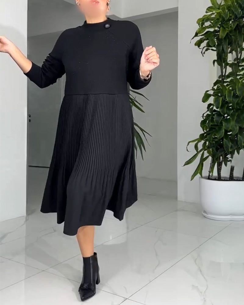 Pleated Paneled Long-Sleeved Dress
