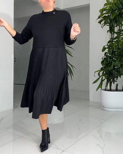 Pleated Paneled Long-Sleeved Dress