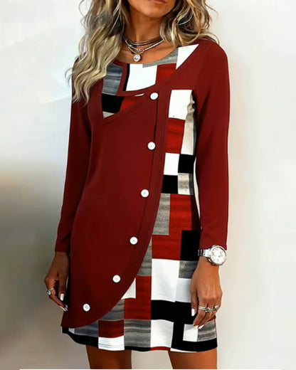 Long-Sleeved Color-Blocked Printed Dress