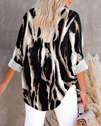 Stand Collar Irregular Printed Blouse
