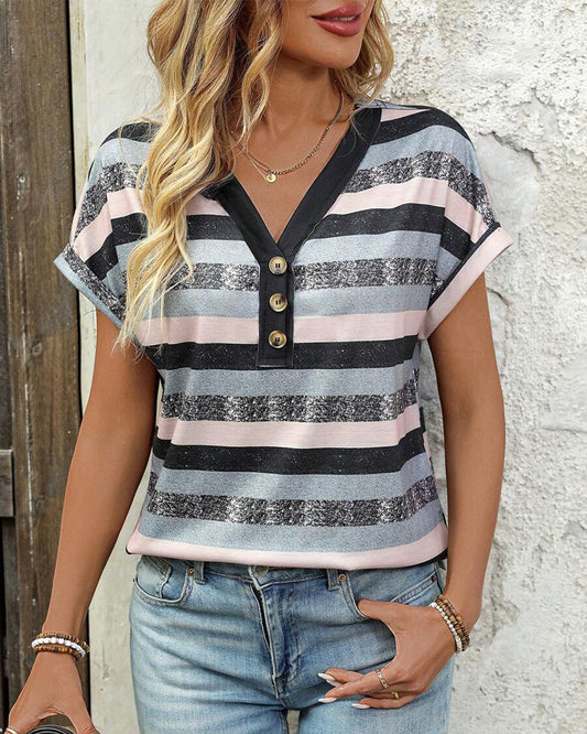V-Neck Three-Button Striped T-Shirt