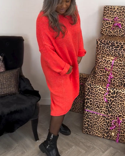 Solid Color Pocket Loose Sweater Dress