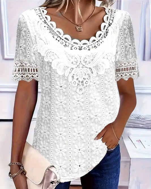 Round Neck Lace Crochet Short Sleeve Blouse