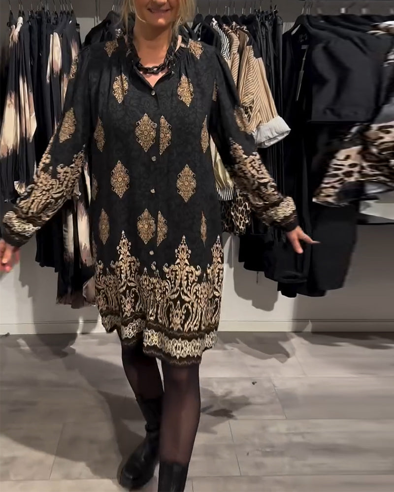 Lapel button-down vintage print dress