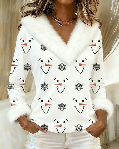 Fashionable Printed Fur Collar Top