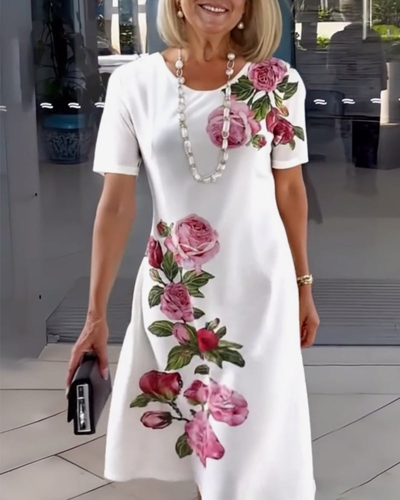 Short Sleeve Rose Print Shift Dress