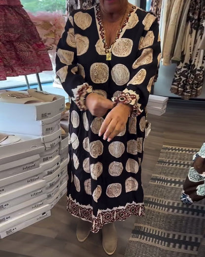 Long-Sleeved V-Neck Printed Dress