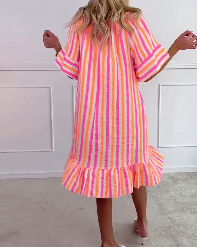Round Neck Striped Pleated Shift Dress