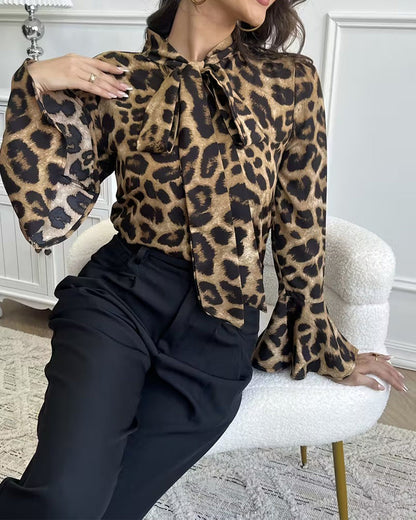Leopard Print Ribbon Neck Blouse