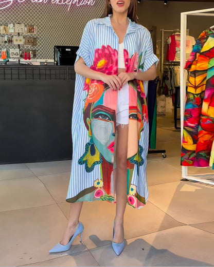 Vertical striped character print lapel slit blouse