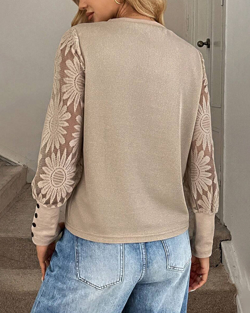 Lace Crochet Splicing Long Sleeve Top