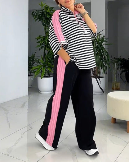 Striped Print Loose Pants Suit