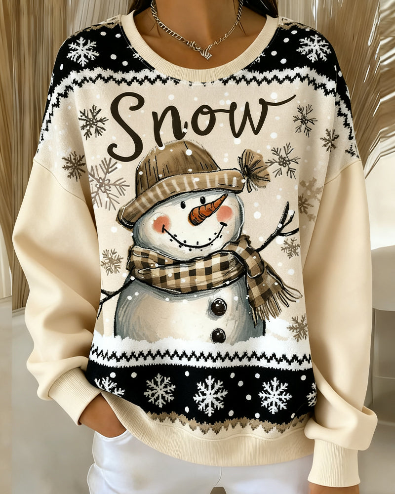 Long-Sleeved Snowman Print Casual Sweatshirt