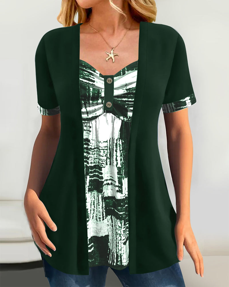 Printed Fake Two Piece Irregular Blouse