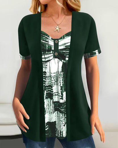 Printed Fake Two Piece Irregular Blouse