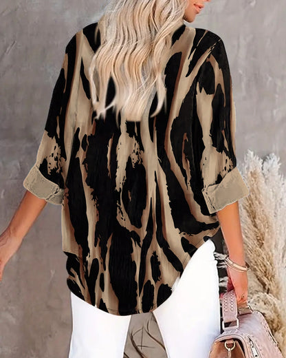 Stand Collar Irregular Printed Blouse