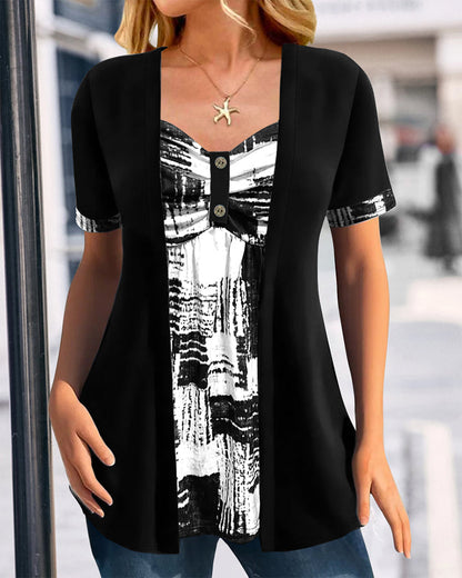 Printed Fake Two Piece Irregular Blouse