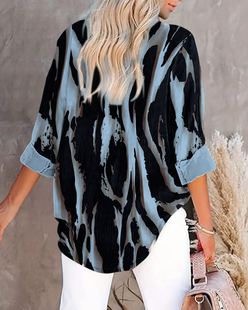 Stand Collar Irregular Printed Blouse