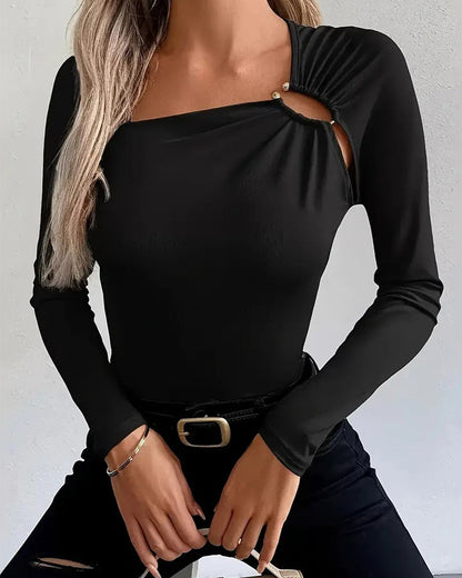Fashion Slant Neck Long Sleeve Top