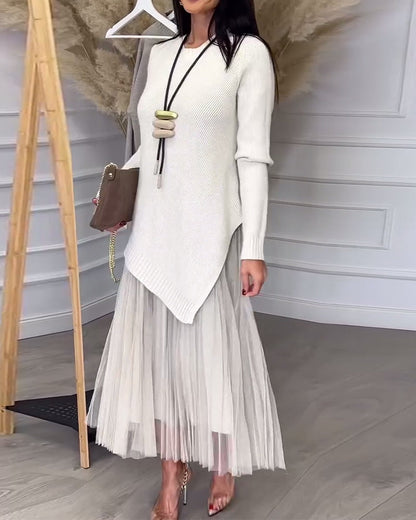 Crew Neck Irregular Pullover And Skirt Two-Piece Set