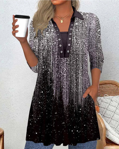 Long-Sleeved Collared Printed Blouse