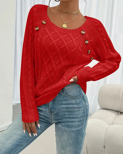 Solid Raglan Sleeve Buckle Cable Knit Sweater