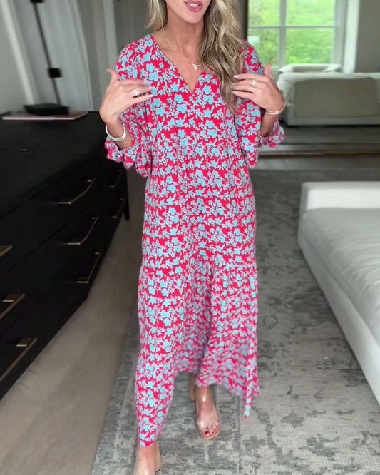 V-neck lantern sleeve floral long dress