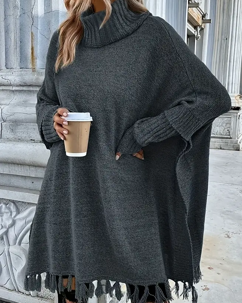 Turtleneck Batwing Sleeve Tassel Jumper