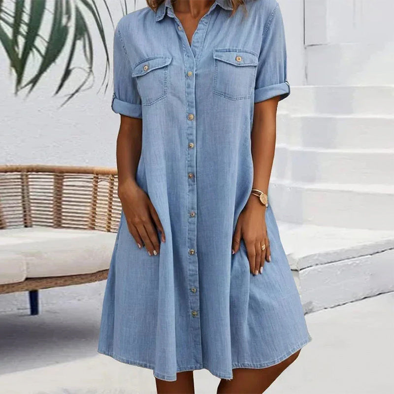 Short Sleeve Lapel Solid Button Dress