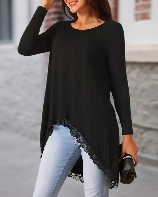 Irregular Long-Sleeved Mesh Patchwork Top