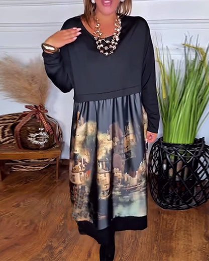 Casual Printed Long-Sleeved Dress