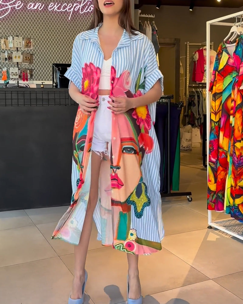 Vertical striped character print lapel slit blouse