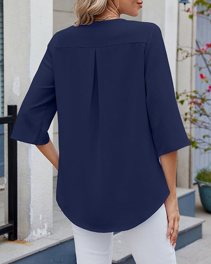 Half-Sleeved Ruffled Solid Color Casual Blouse