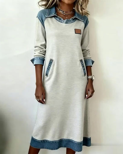 Casual Lapel Denim Patchwork Dress